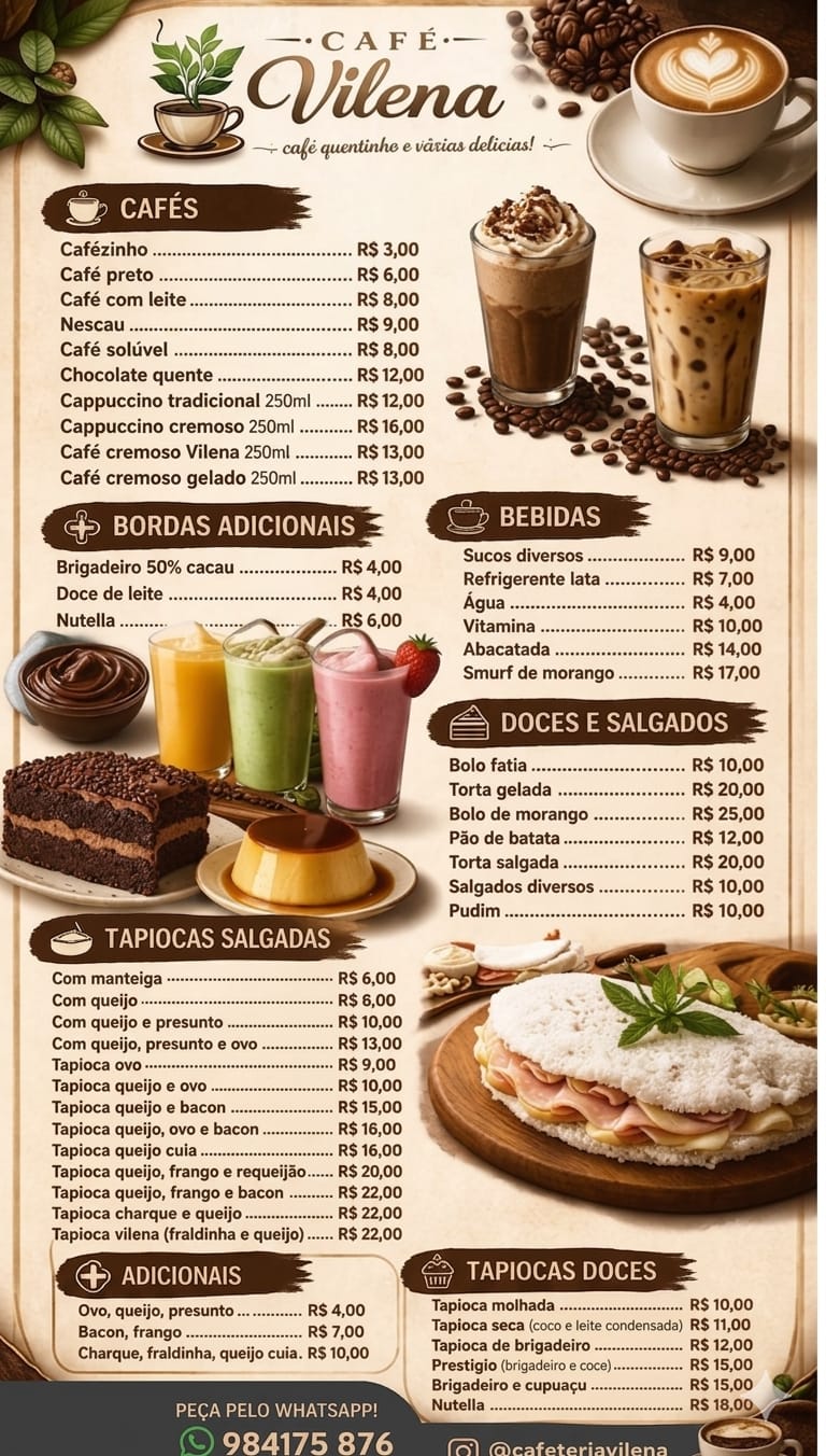 Cardápio de cafés, bebidas, doces, salgados e tapiocas