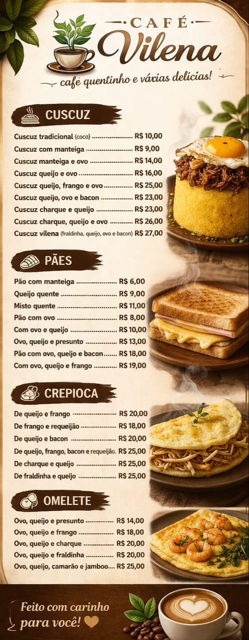 Cardápio de cuscuz, pães, crepiocas e omeletes
